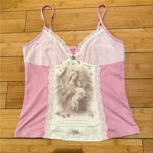 Pink lace cami top with religious print #coquette #fairycore